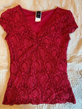 Wrapper y2k Red Lace V-Neck Short Sleeve Top